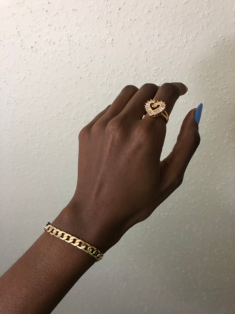 baguette heart ring on hand